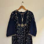 Navy Blue Flared Maxi Dress with Floral Embroidery