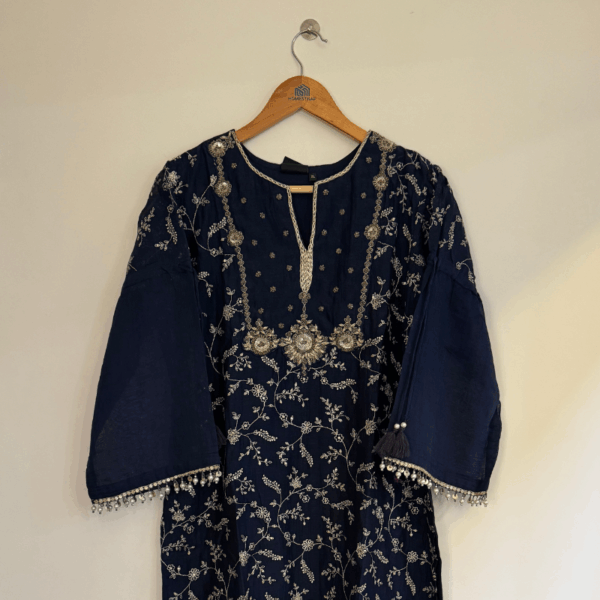 Navy Blue Flared Maxi Dress with Floral Embroidery