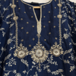 Navy Blue Flared Maxi Dress with Floral Embroidery - Image 3